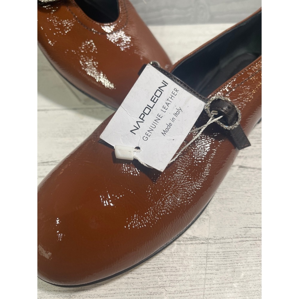 Napoleoni Italian Cognac Patent Leather Mary Jane Flats Rhinestone Buckle SZ 37 - Picture 4 of 7